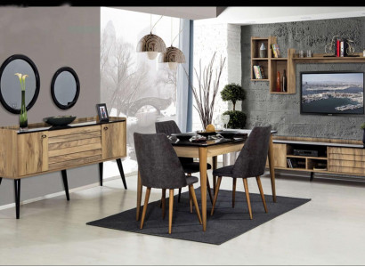 Black and Brown Dining Room Set Dining Table 4x Chairs Sideboard Mirror 8-piece